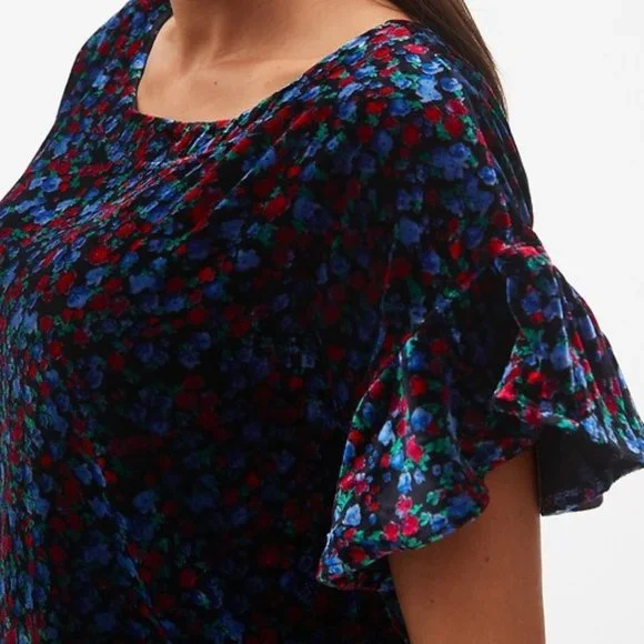 Gap Ruffle Velour Velvet Black Floral Shift Dress - Picture 2 of 10